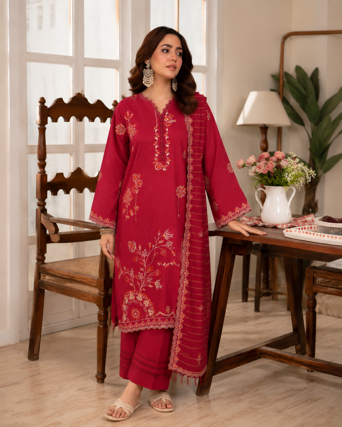 Hot pink unstitched three-piece embroidered lawn suit with organza dupatta