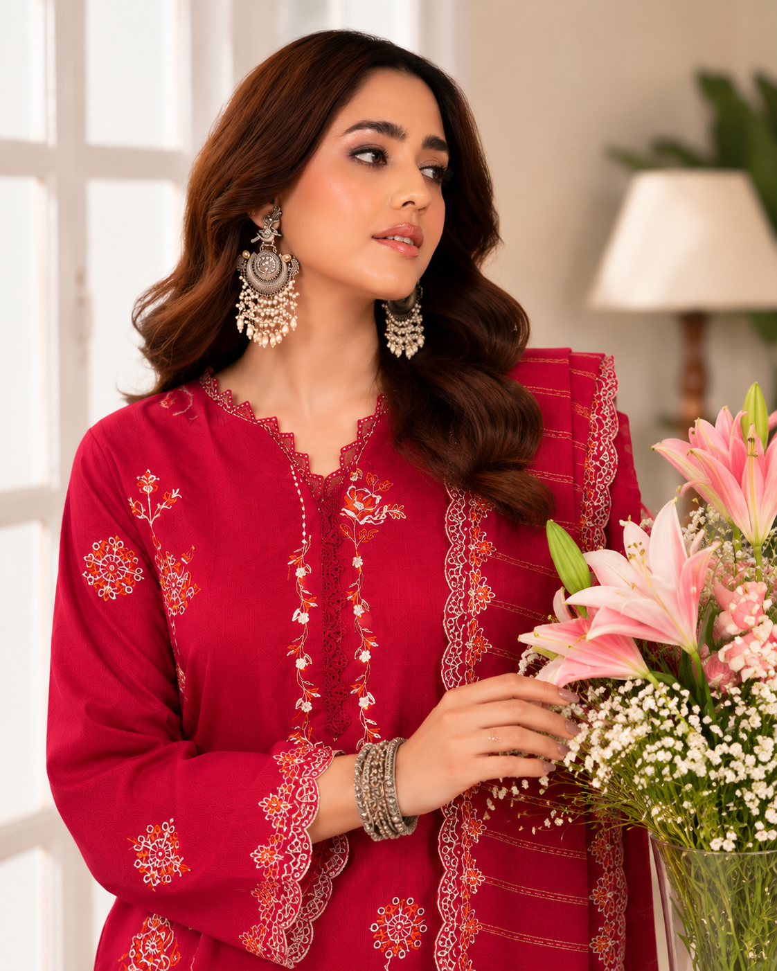 Magenta embroidered lawn suit with organza dupatta, unstitched
