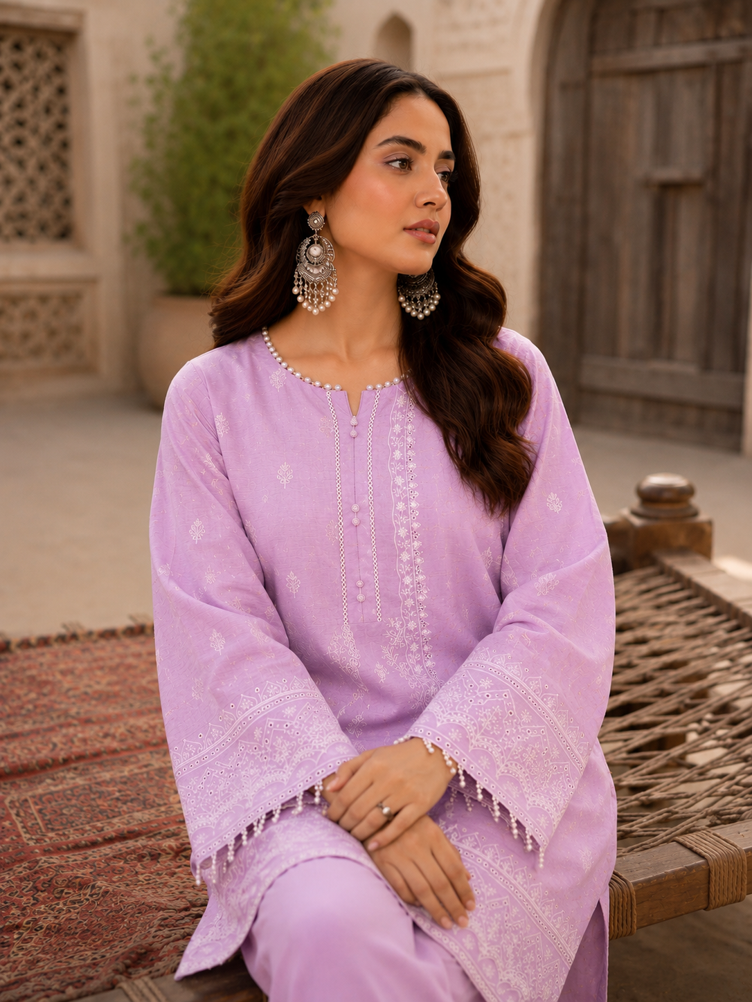 Lavender three-piece luxury unstitched lawn suit for festive wear