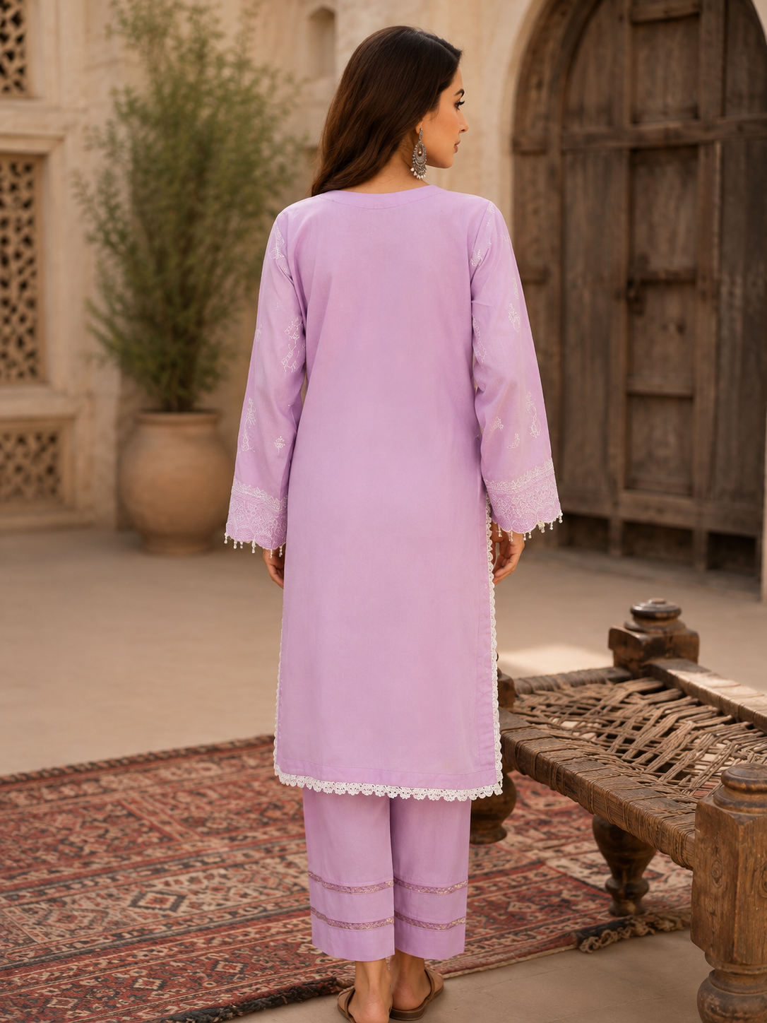 Unstitched lilac schiffli lawn suit in pastel tones