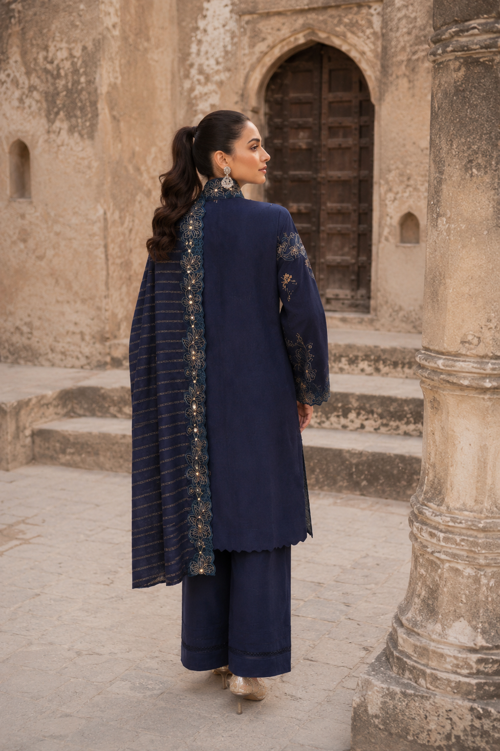 Navy lawn suit with tilla embroidery and organza dupatta, unstitched