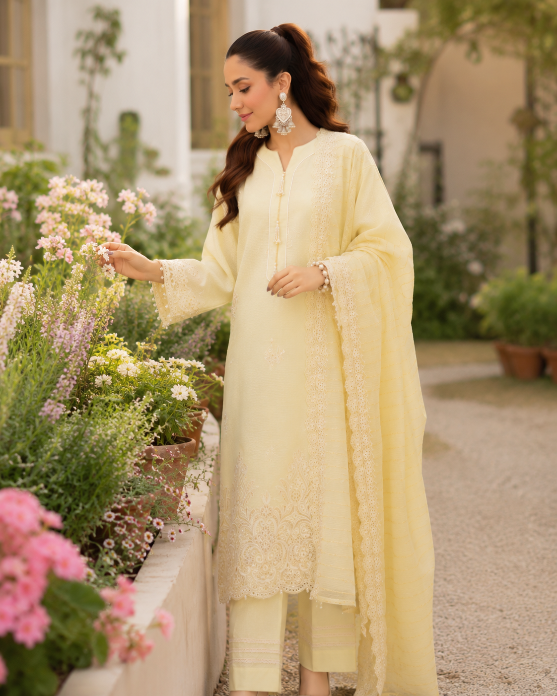 Unstitched butter yellow lawn suit with schiffli cutwork