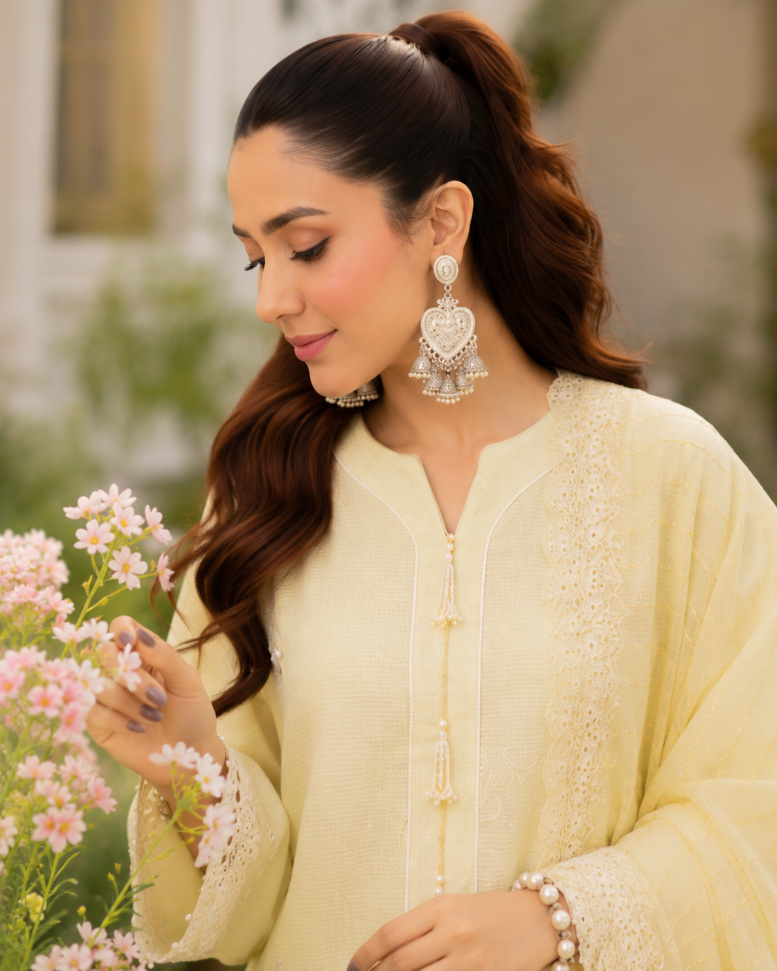 Monochrome yellow embroidered lawn suit with organza dupatta, unstitched