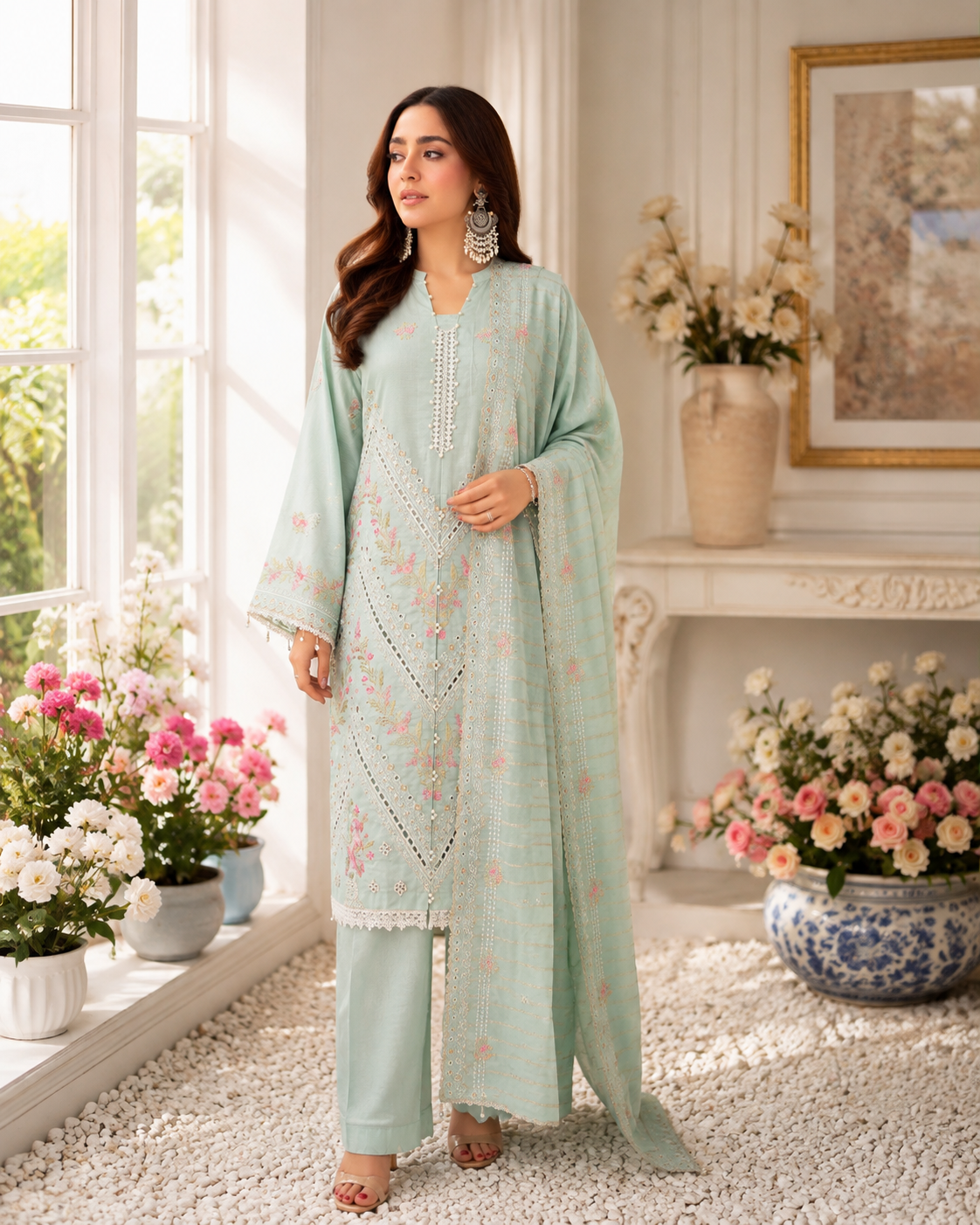 Unstitched mint green lawn suit, three-piece