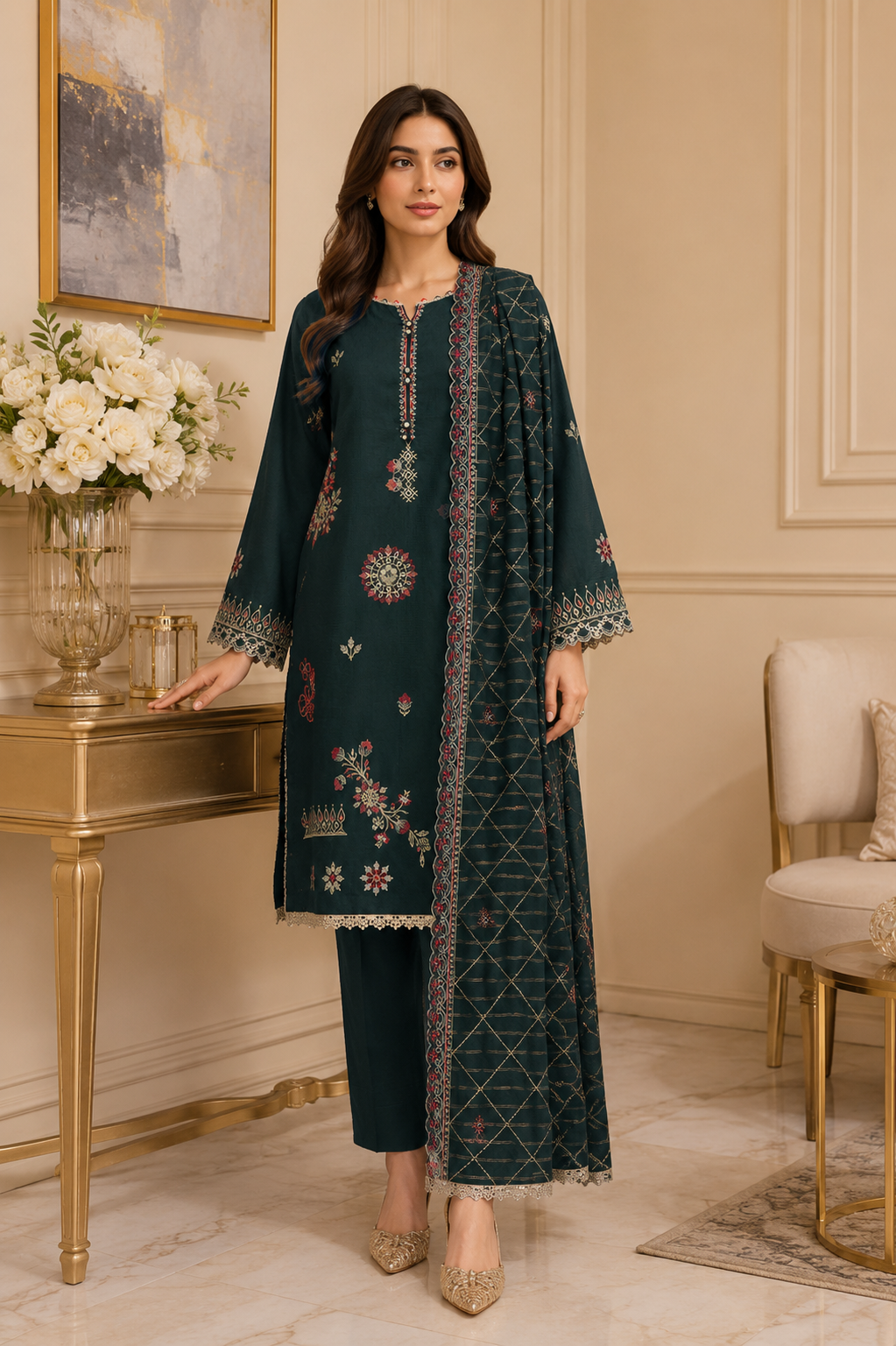 Pine green unstitched three-piece embroidered lawn suit with jacquard dupatta