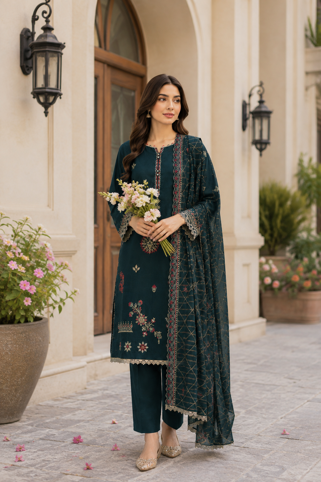 Green lawn suit with Kashmiri embroidery and jacquard dupatta, unstitched
