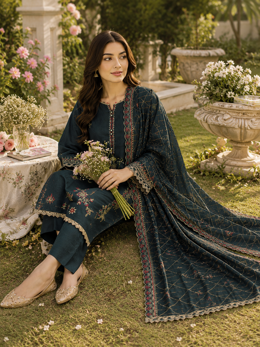 Pine green three-piece luxury unstitched lawn suit for formal wear