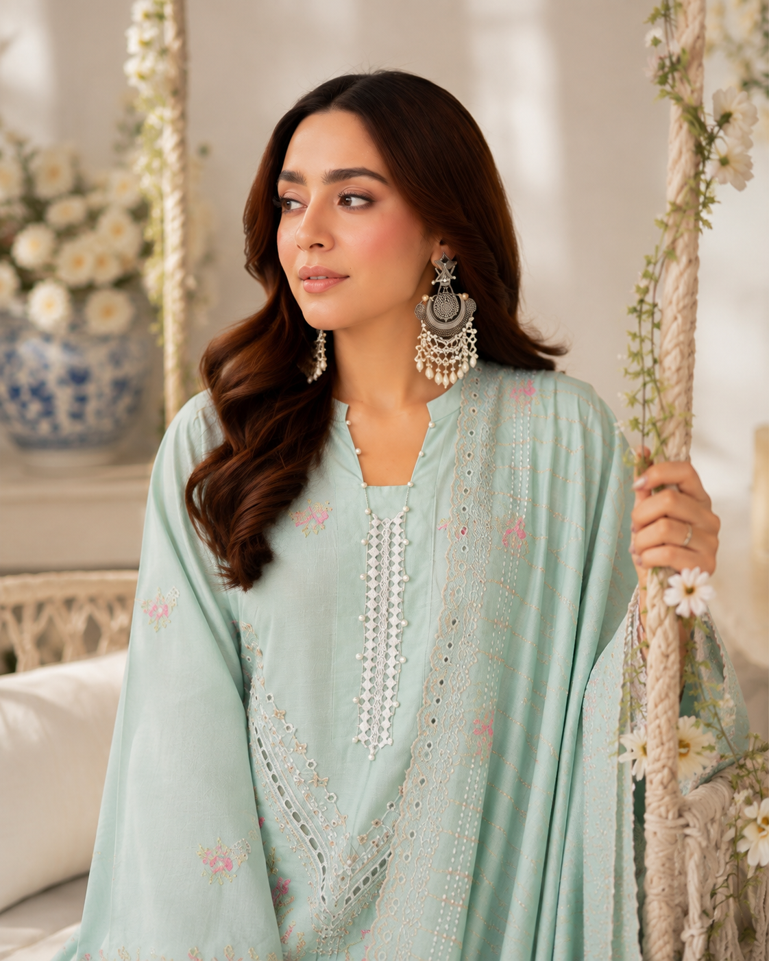 Mint green unstitched three-piece embroidered lawn suit with organza dupatta
