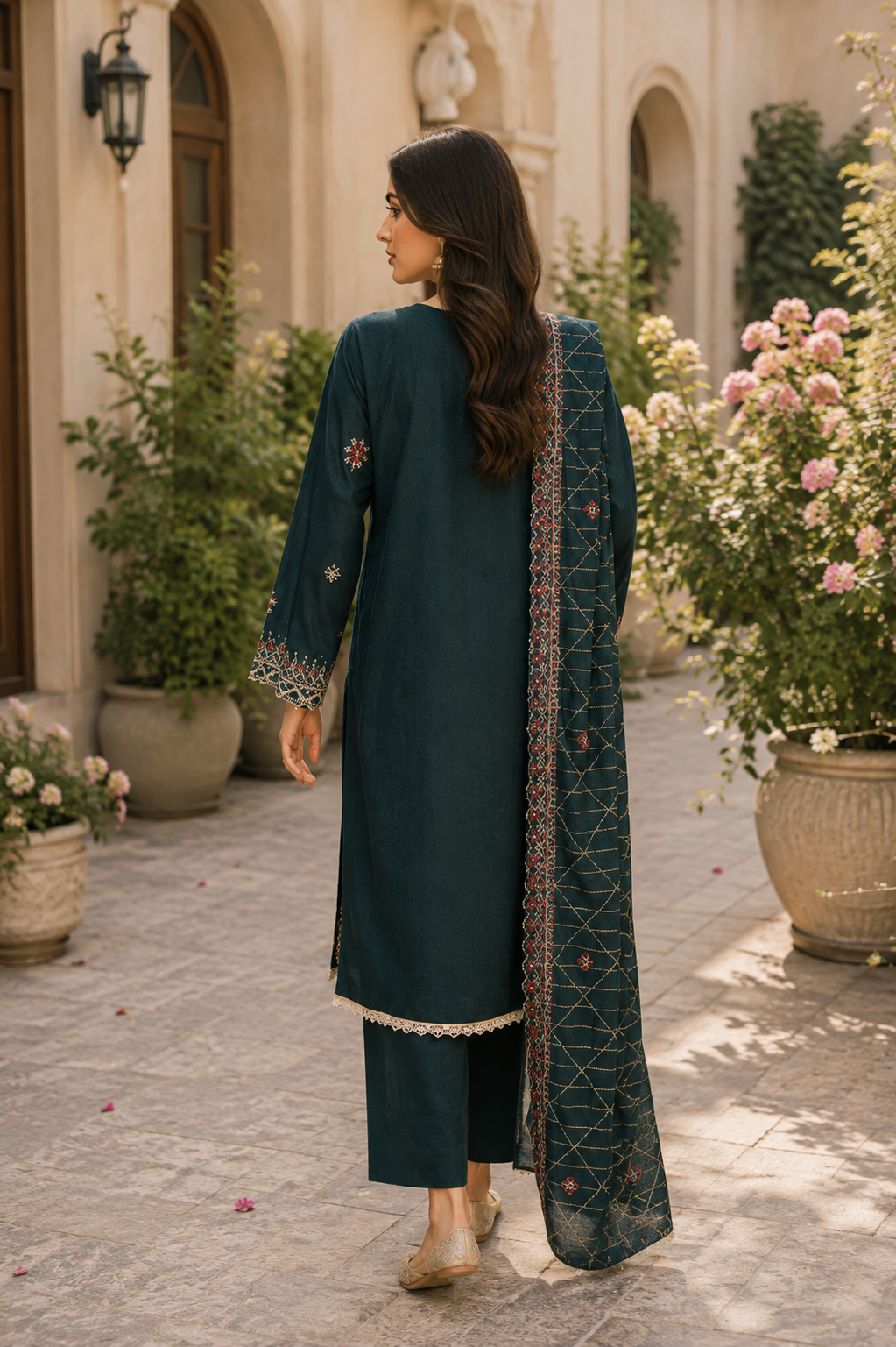 Unstitched green lawn suit with Kashmiri embroidery