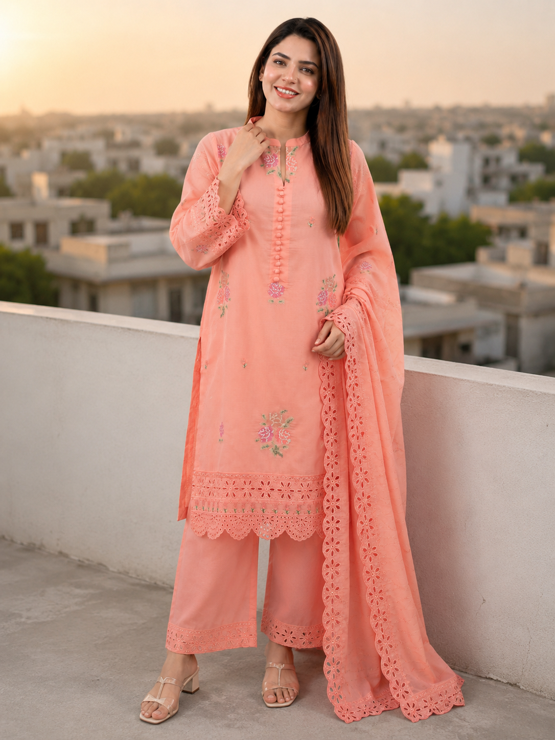 Peach unstitched three-piece embroidered lawn suit with organza dupatta