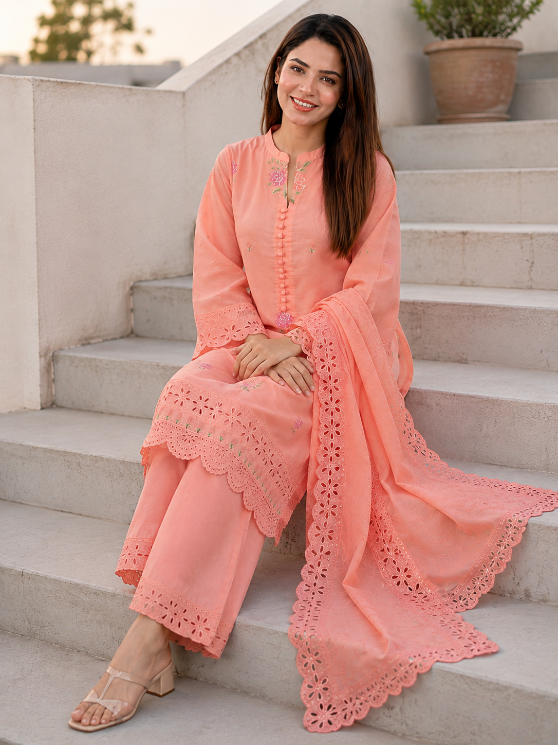 Monochrome peach embroidered lawn suit with organza dupatta, unstitched