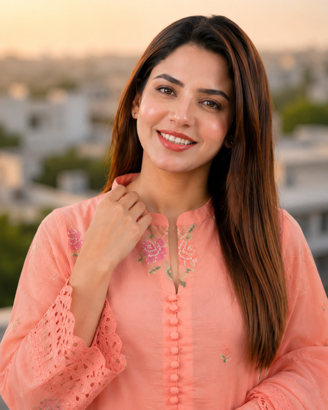 Unstitched coral peach schiffli cutwork lawn suit, monochrome