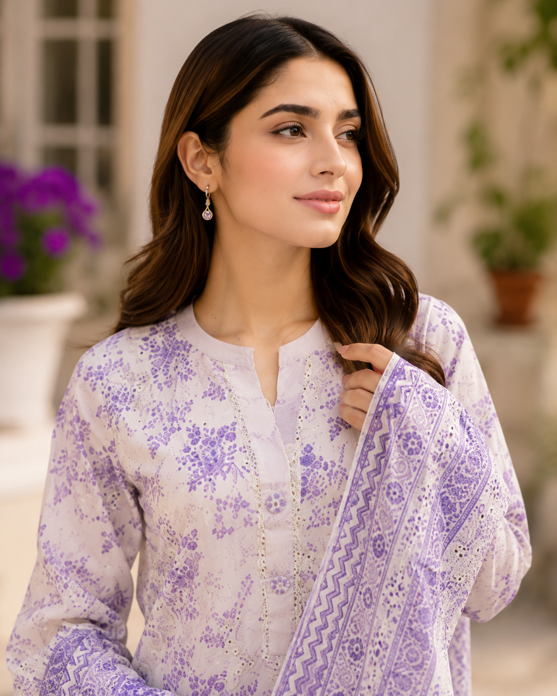 Lilac floral embroidered lawn suit with voile dupatta, unstitched