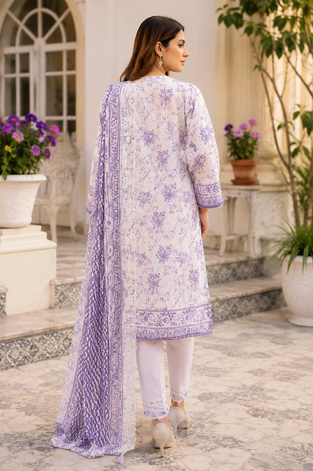 Unstitched white lawn suit with lilac floral schiffli cutwork