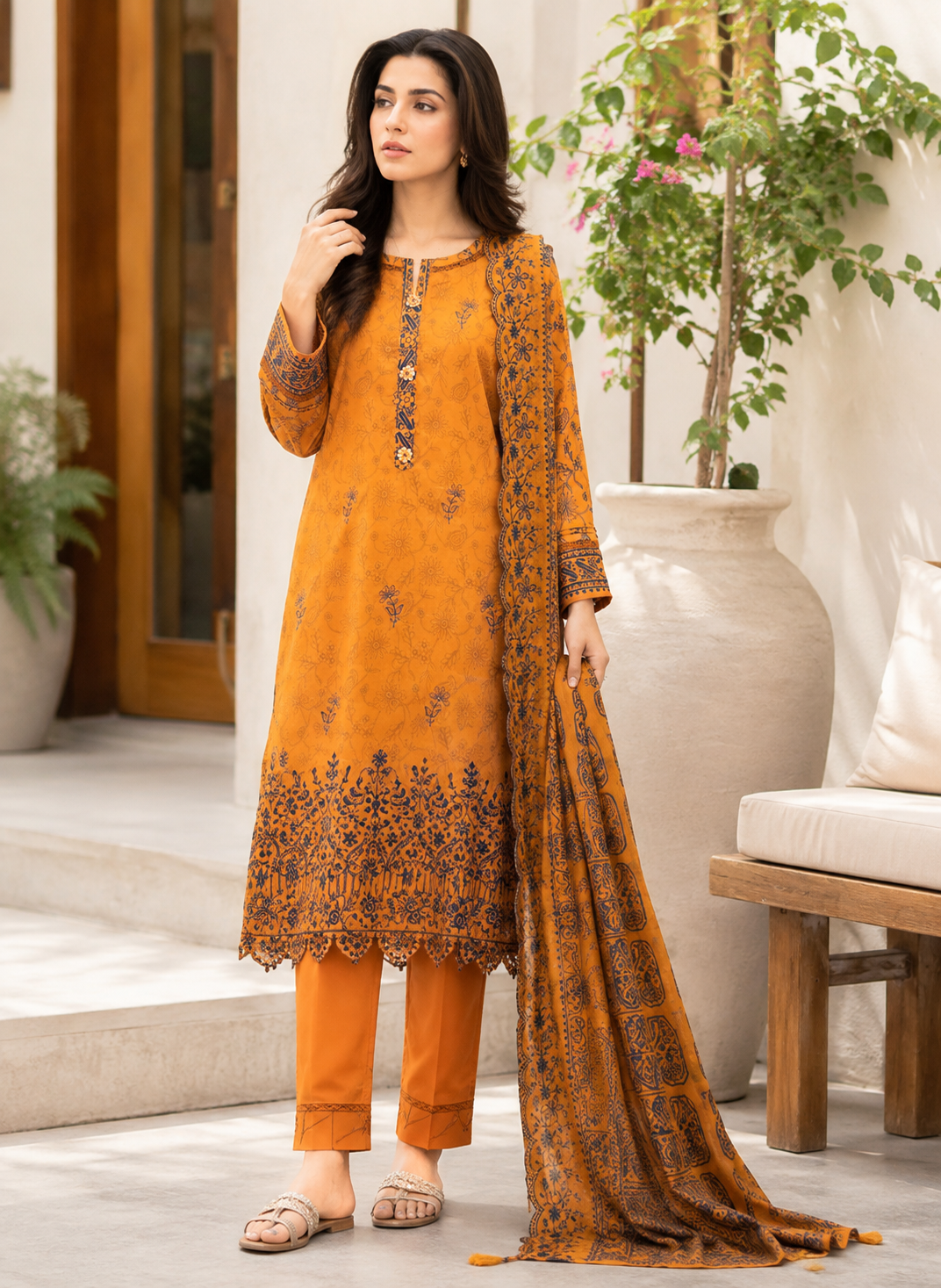 Unstitched mustard lawn suit with floral print and cutwork daman