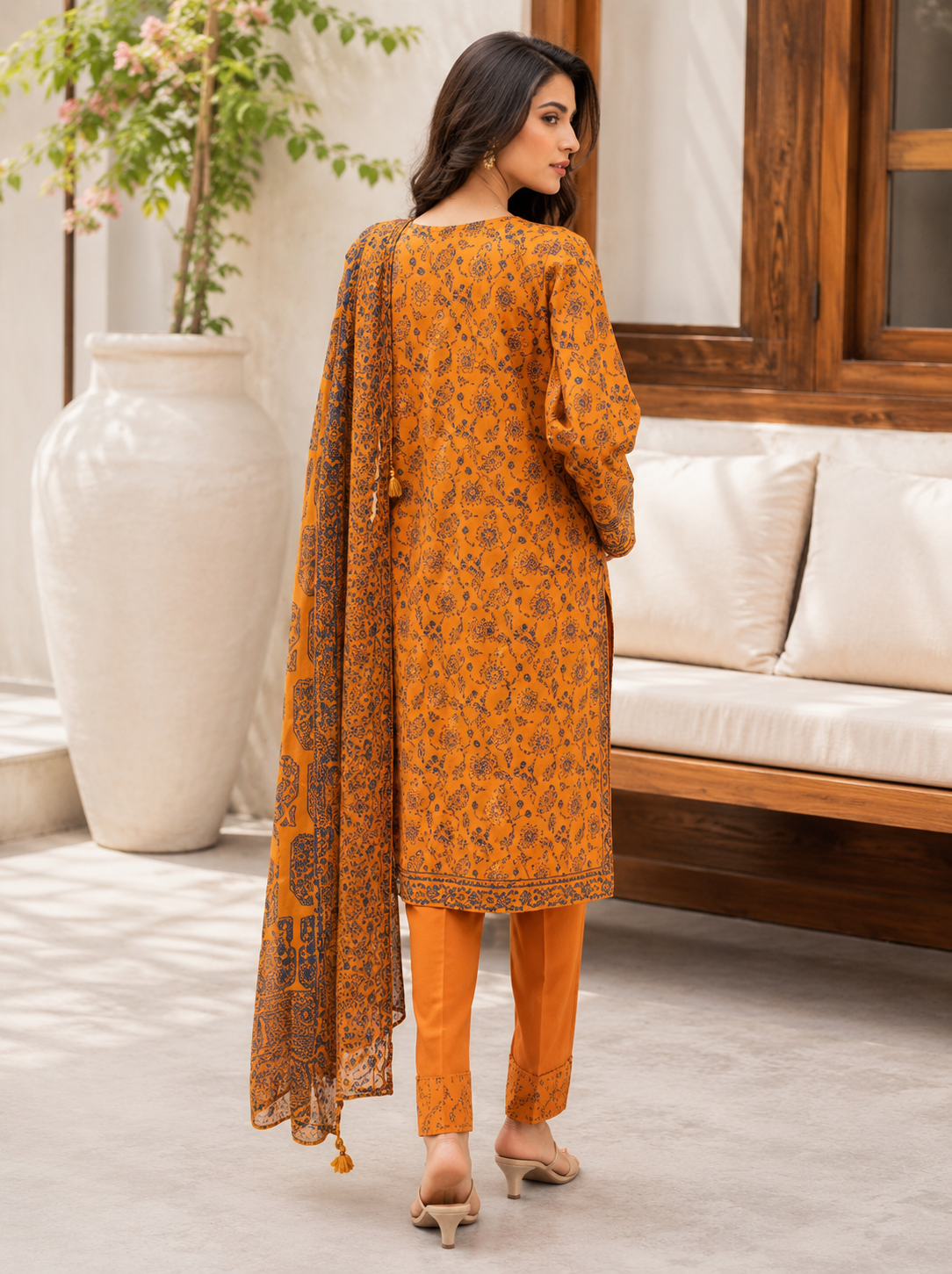 Floral print mustard lawn suit with voile dupatta, unstitched
