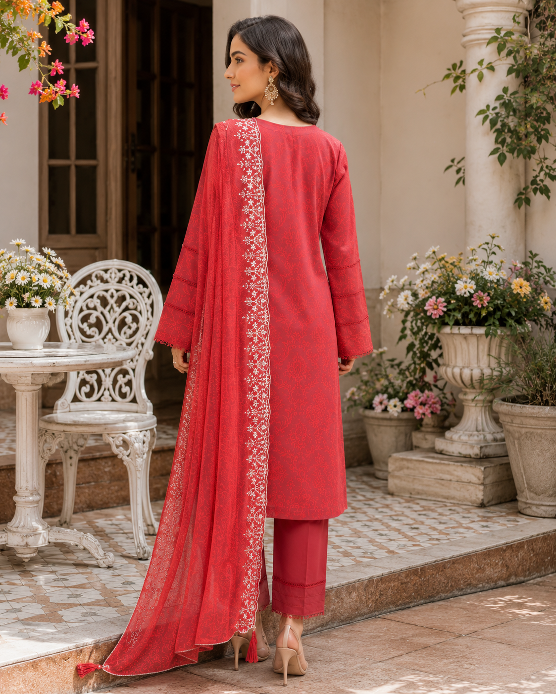 Coral red three-piece luxury unstitched lawn suit for festive wear