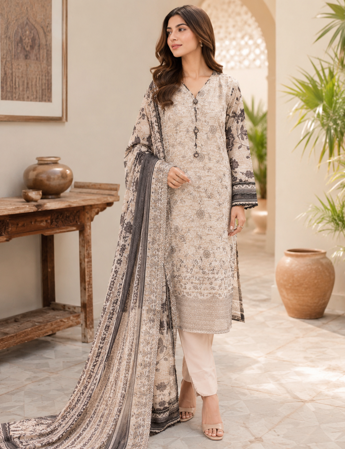 Beige and charcoal grey floral print unstitched three-piece lawn suit