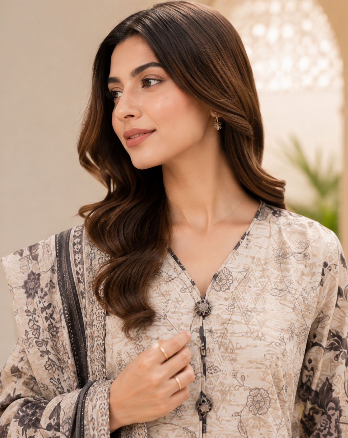 Floral print lawn suit in earthy tones with voile dupatta, unstitched