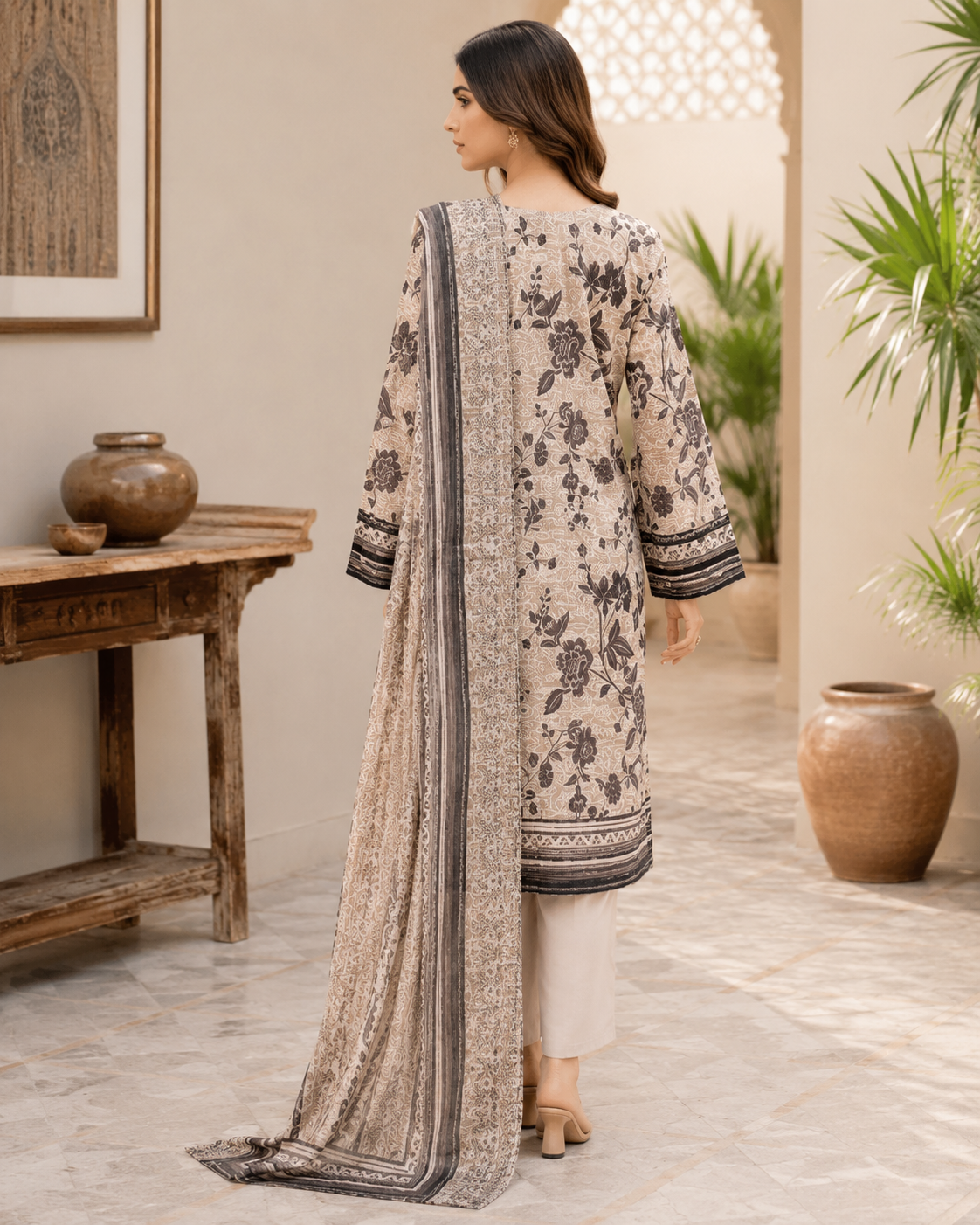 Unstitched beige lawn suit with floral print and voile dupatta