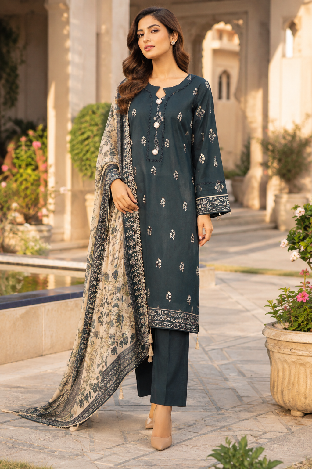 Dark teal unstitched three-piece lawn suit with beige floral chiffon dupatta