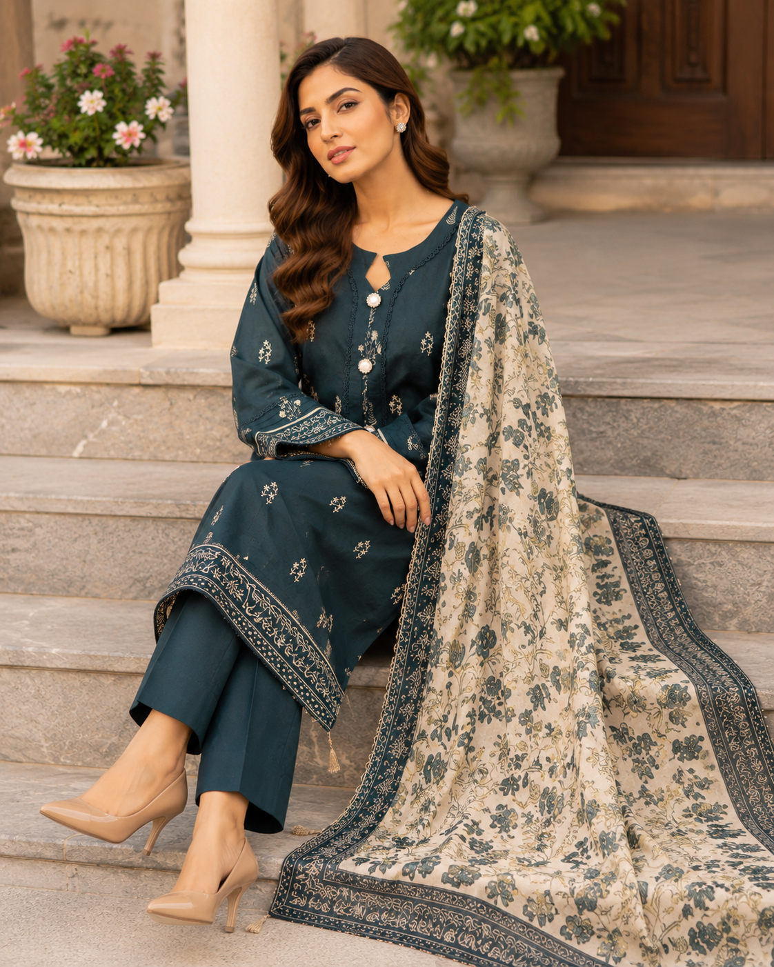 Teal lawn suit with beige floral dupatta, unstitched three-piece