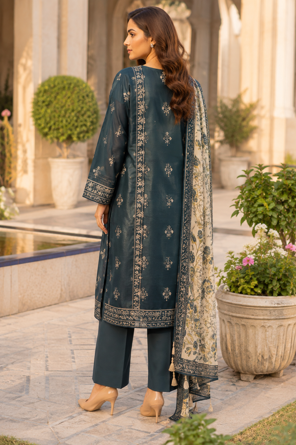 Unstitched dark teal lawn suit with chiffon dupatta