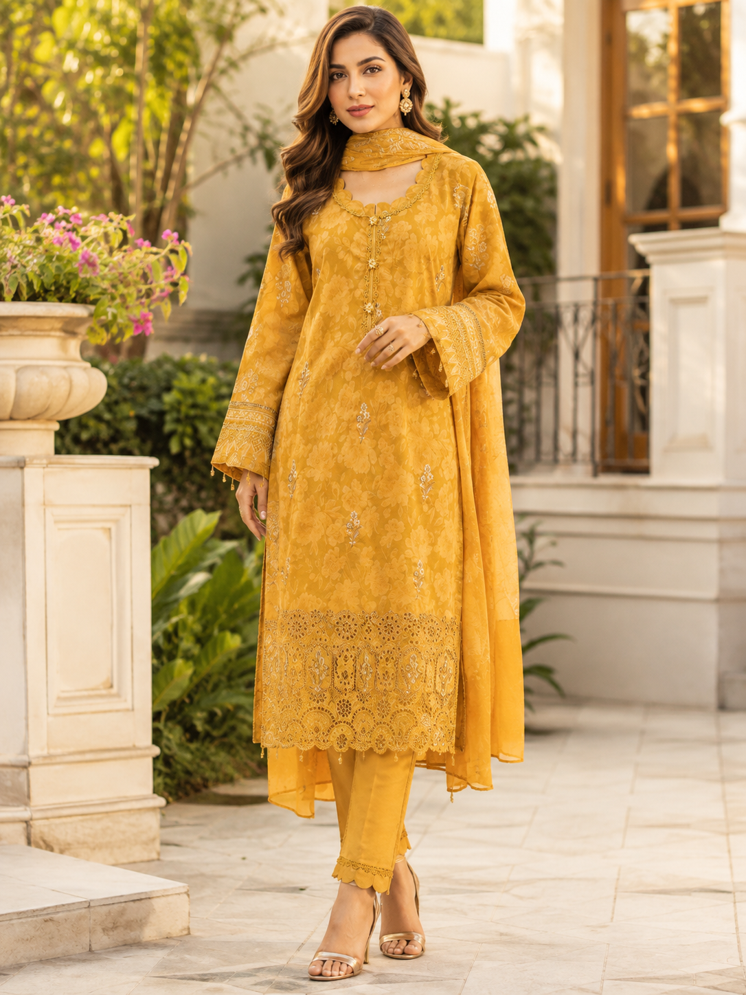 Mustard unstitched three-piece embroidered lawn suit with chiffon dupatta