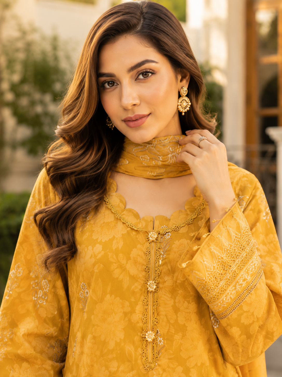 Monochrome mustard embroidered lawn suit with chiffon dupatta, unstitched