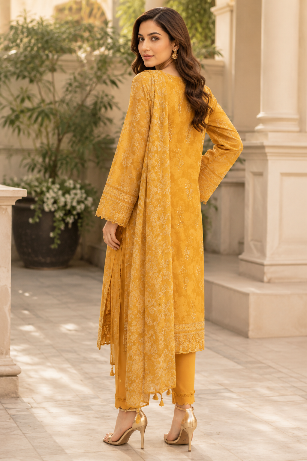 Mustard three-piece unstitched lawn suit for mayun wear