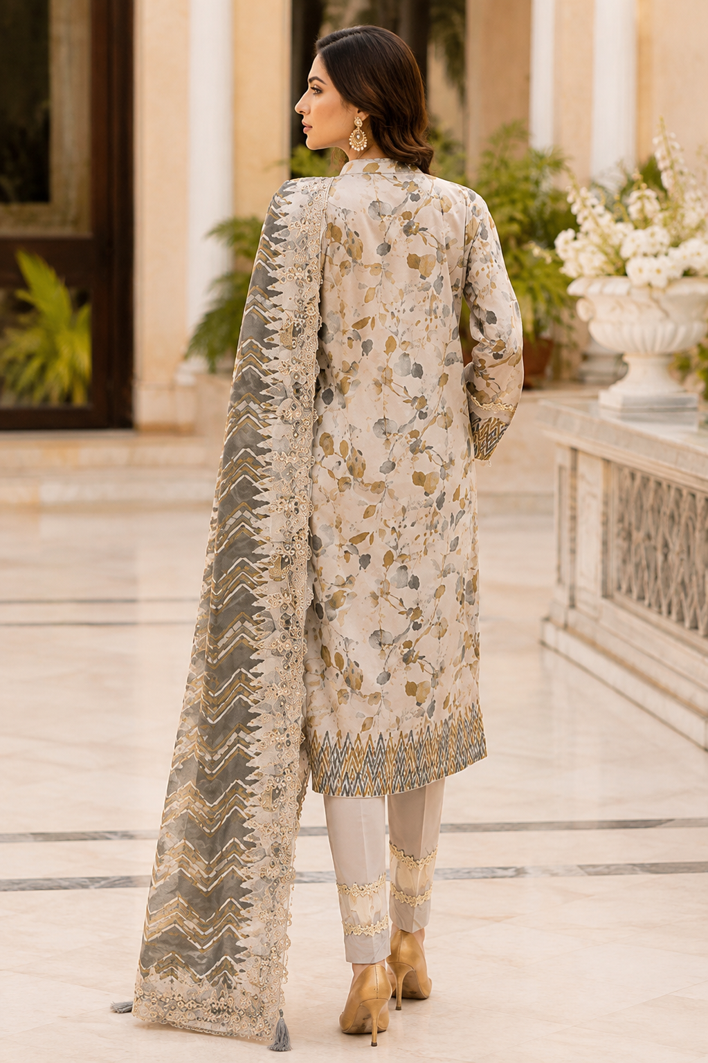 Unstitched beige lawn suit with botanical print and schiffli cutwork