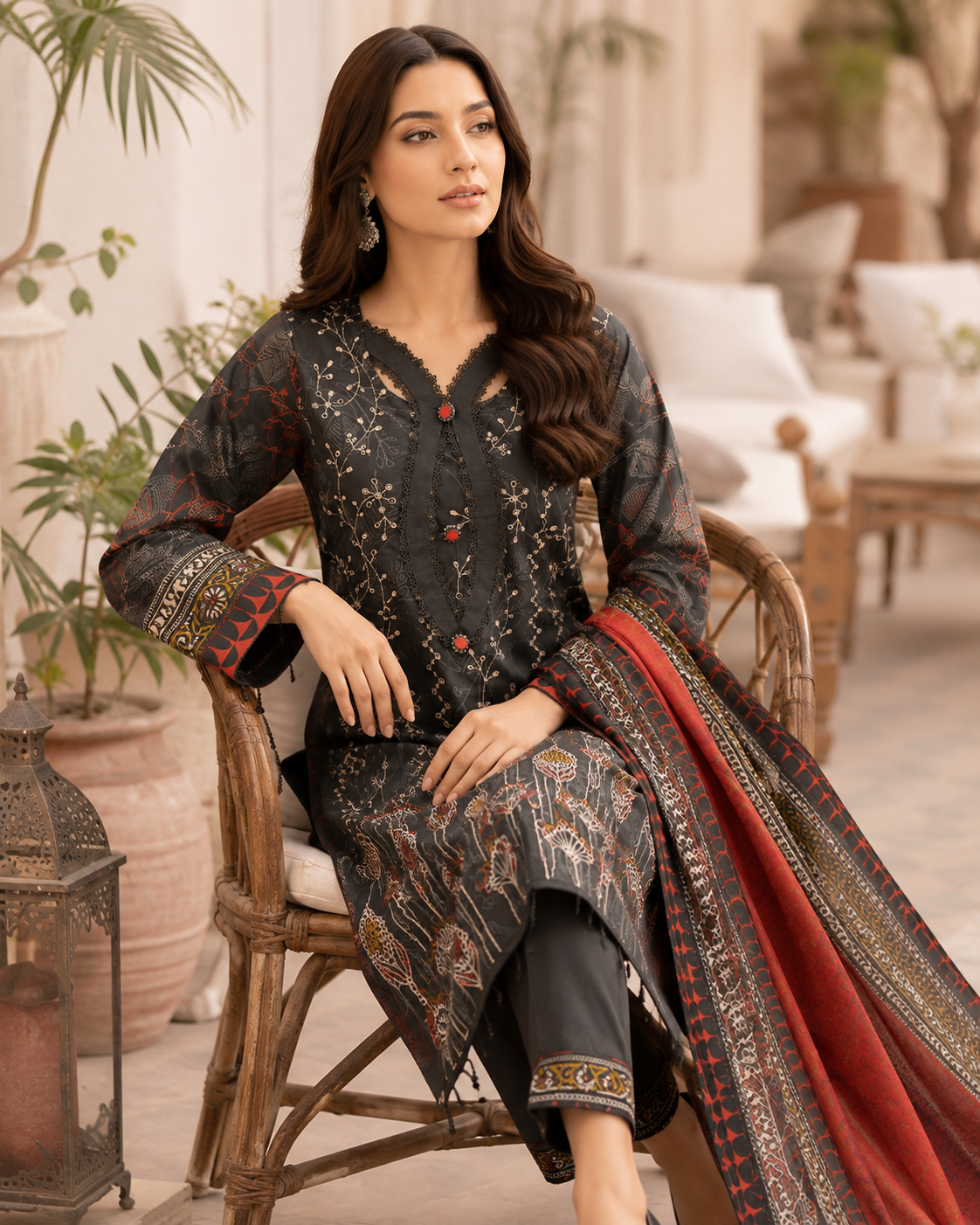 Black three-piece unstitched lawn suit for daily wear