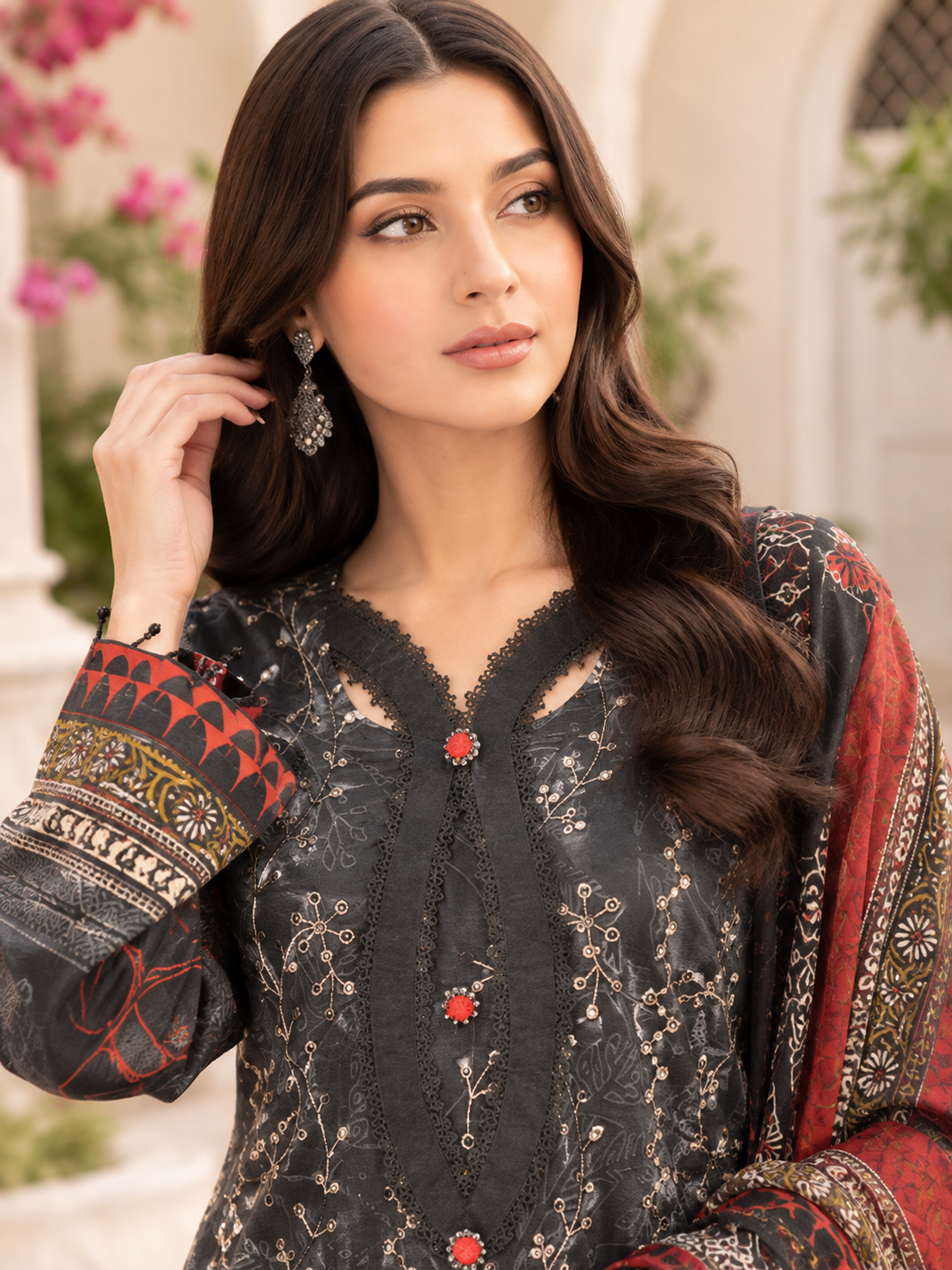 Unstitched charcoal black lawn suit with ikat print