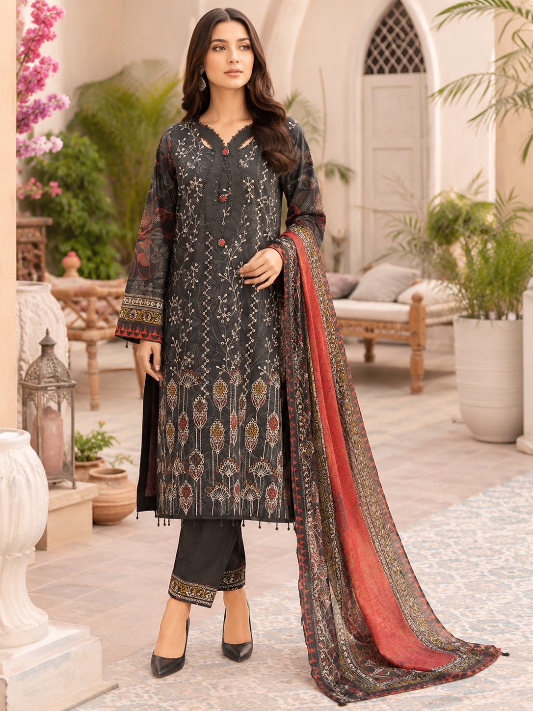 Black ikat print unstitched three-piece lawn suit with voile dupatta