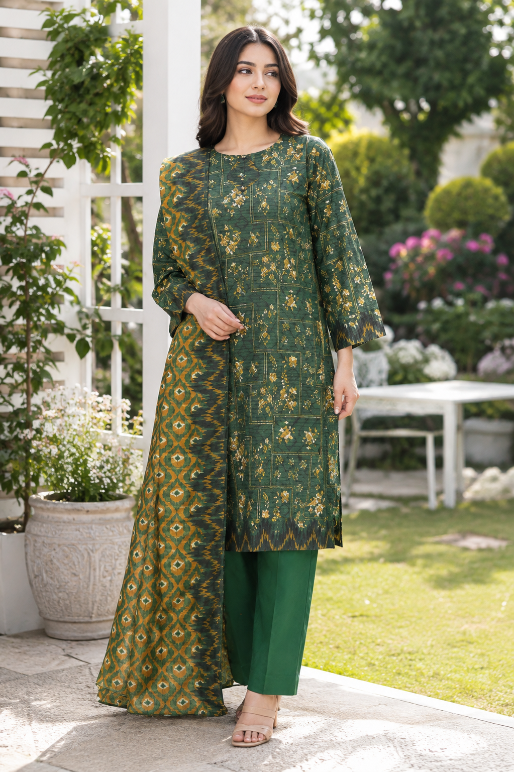 Green printed 3-piece stitched suit with mustard printed dupatta