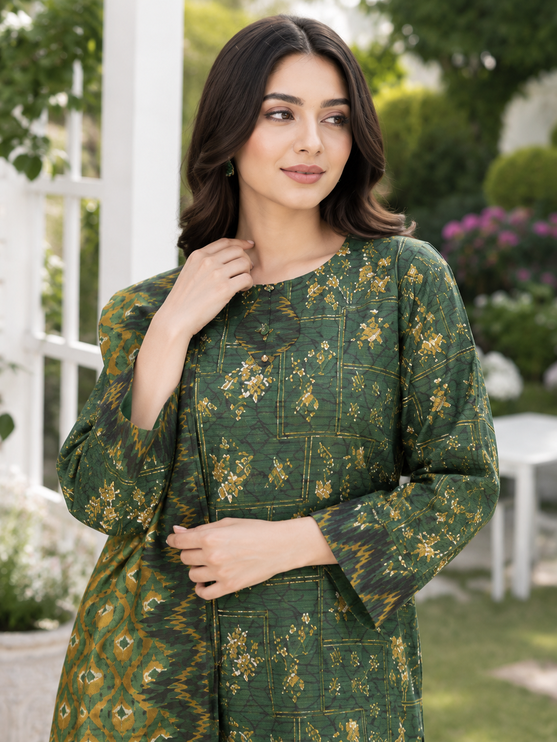 Green printed 3-piece stitched suit with mustard printed dupatta