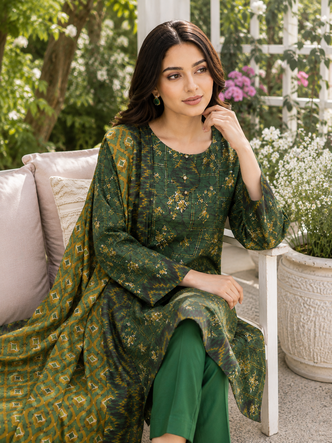Green printed 3-piece stitched suit with mustard printed dupatta