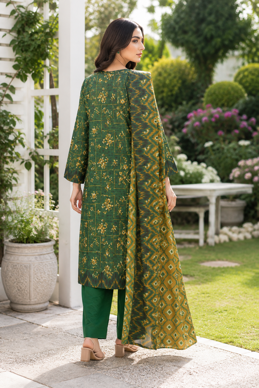 Unstitched green lawn suit for casual summer wear