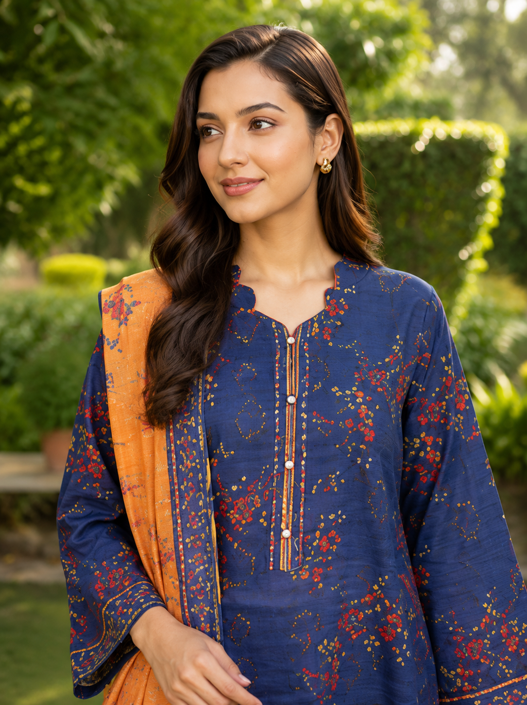 Unstitched contrast lawn suit in blue with mustard dupatta