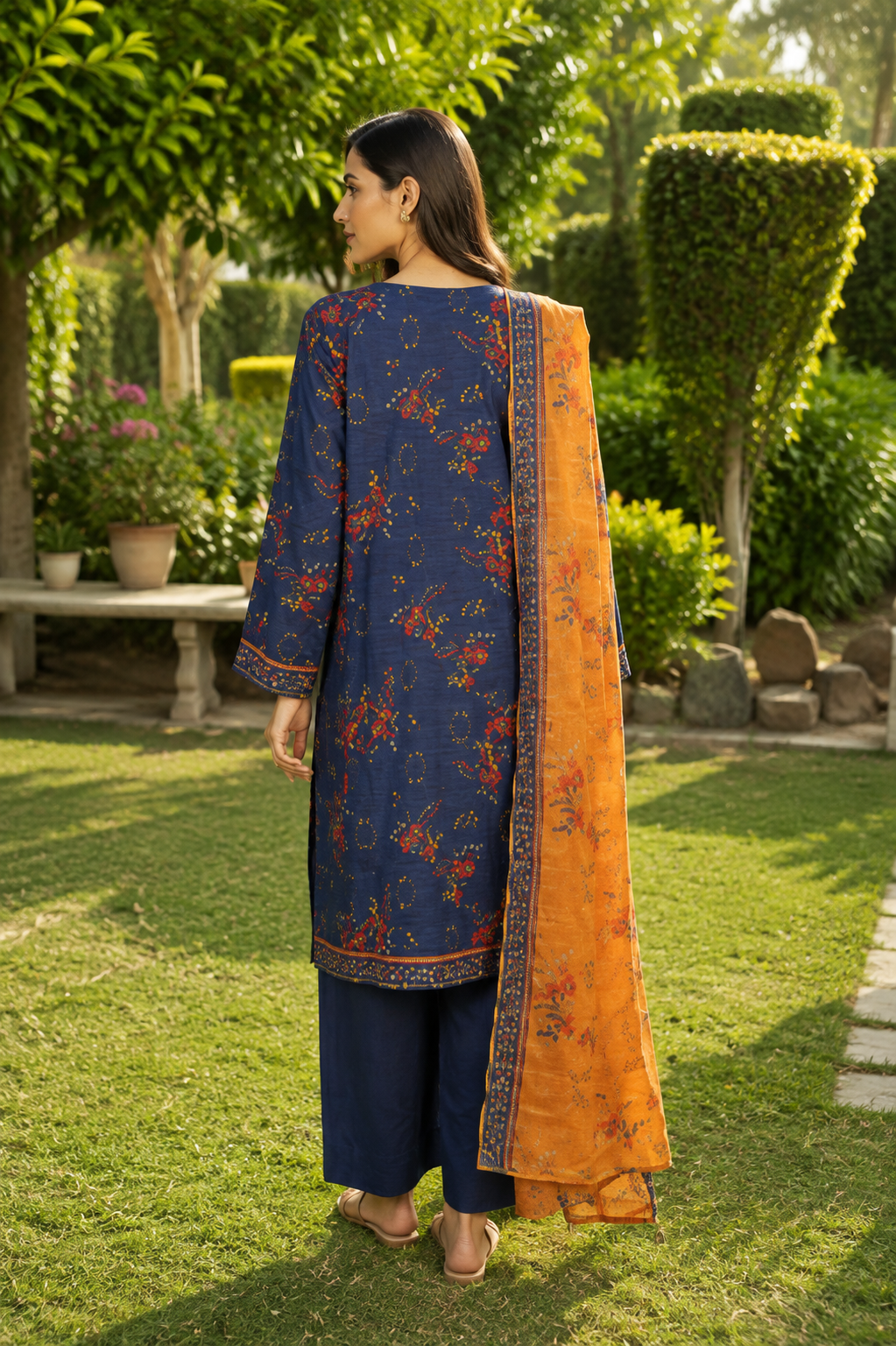 Navy blue and orange printed 3-piece stitched suit