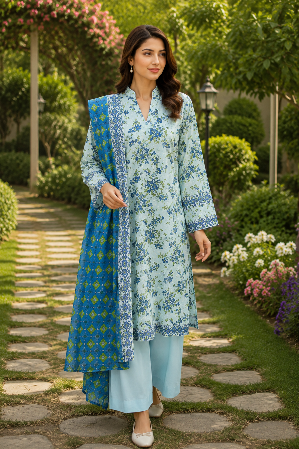 Sky blue floral printed 3-piece stitched lawn suit