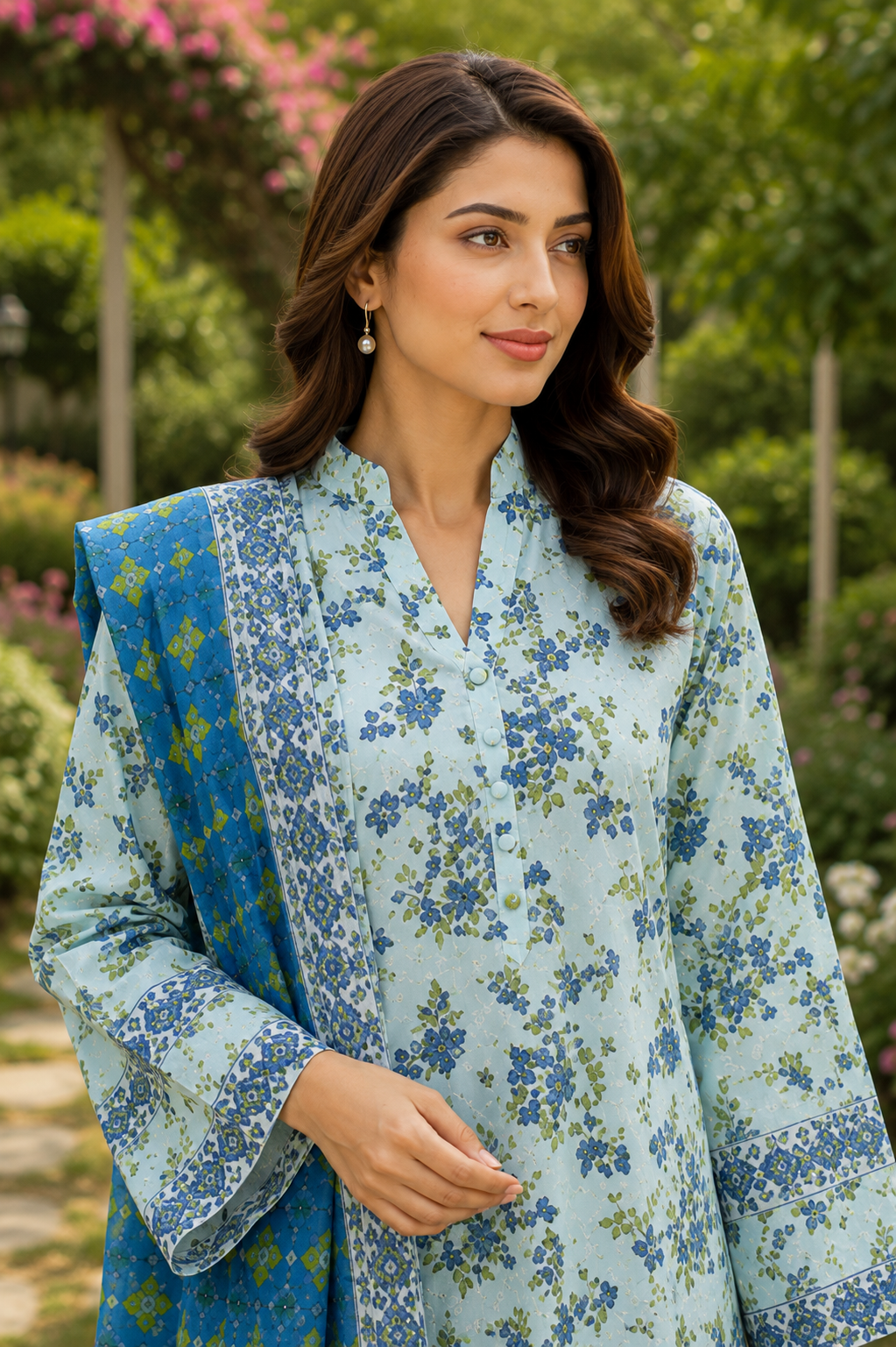 Sky blue floral printed 3-piece stitched lawn suit