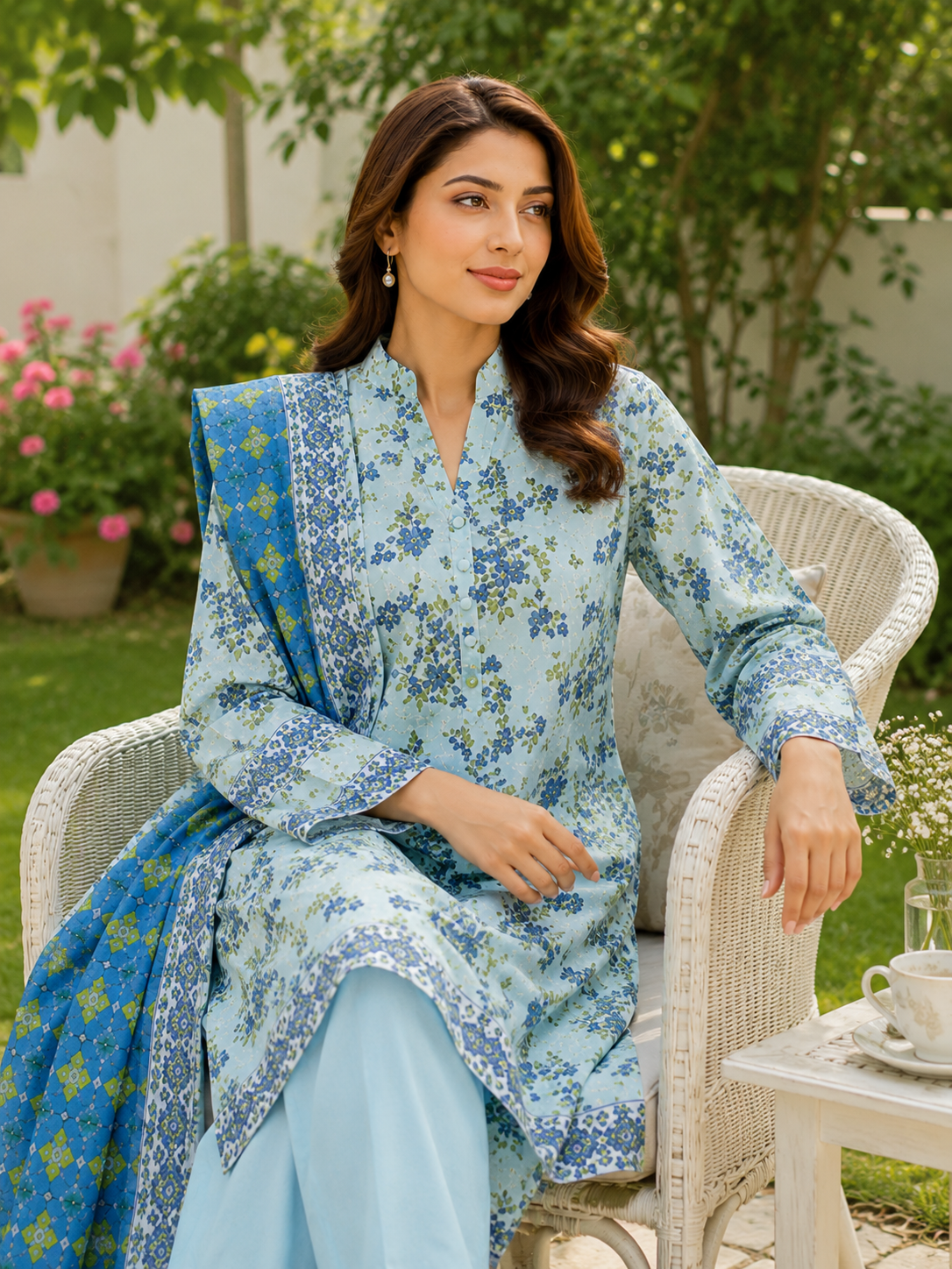 Sky blue floral printed 3-piece stitched lawn suit