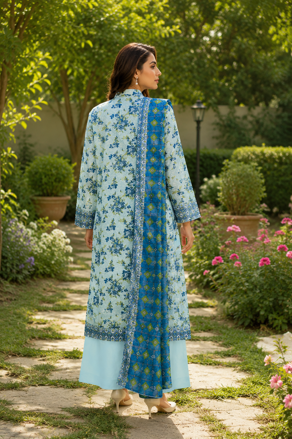 Sky blue floral printed 3-piece stitched lawn suit