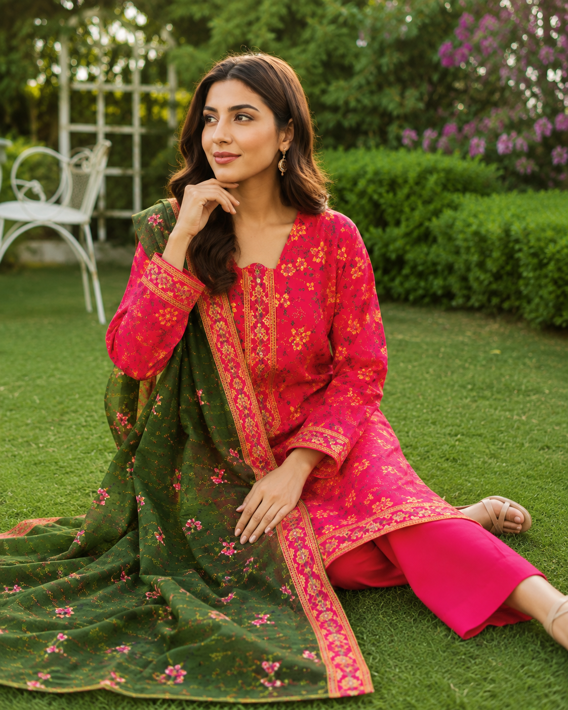 Pink floral printed lawn suit, unstitched three-piece