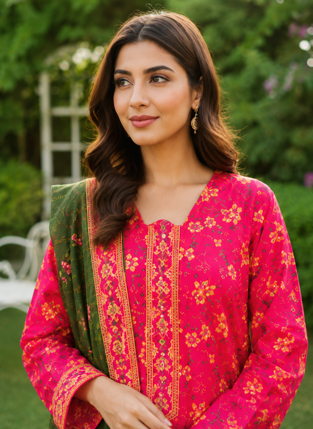 Magenta floral printed 3-piece stitched lawn suit