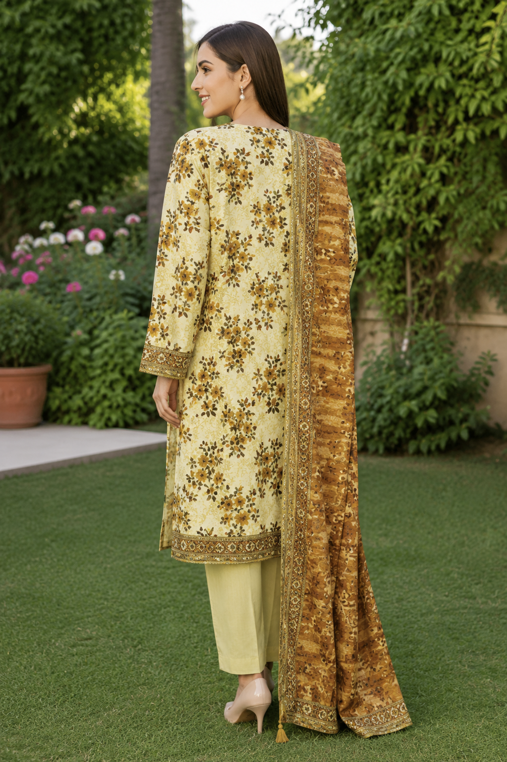 Unstitched summer lawn suit in pastel lime floral print