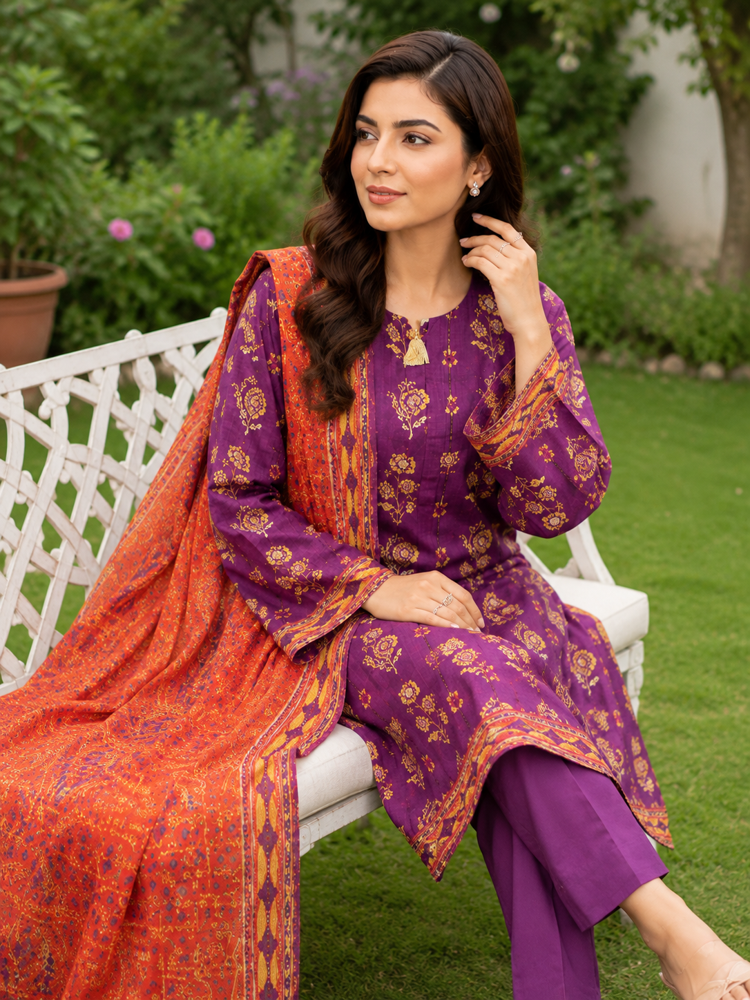 Purple printed lawn suit with contrast dupatta, unstitched