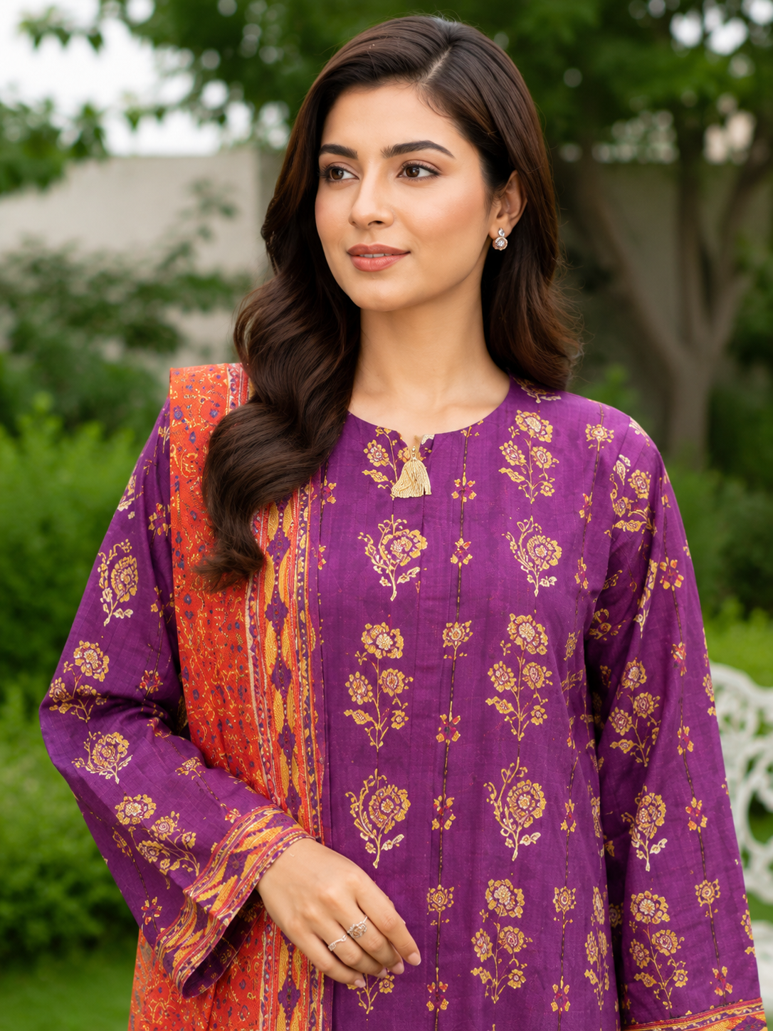 Unstitched purple Pakistani lawn suit with orange dupatta