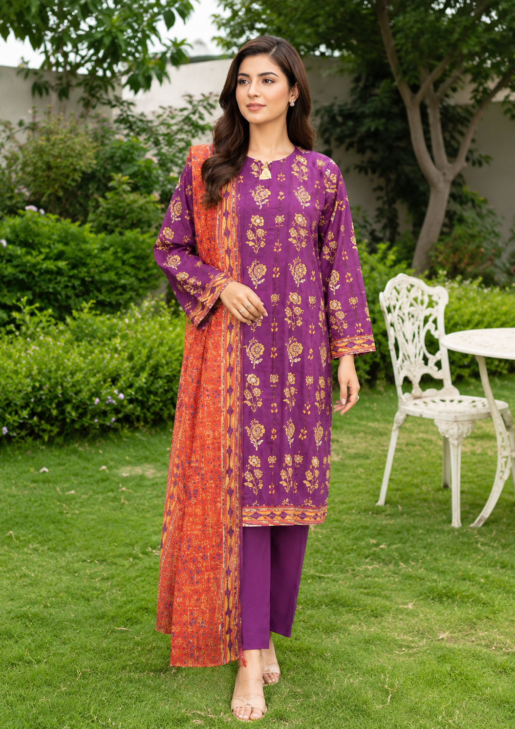 Purple printed 3-piece stitched lawn suit with tassel neckline